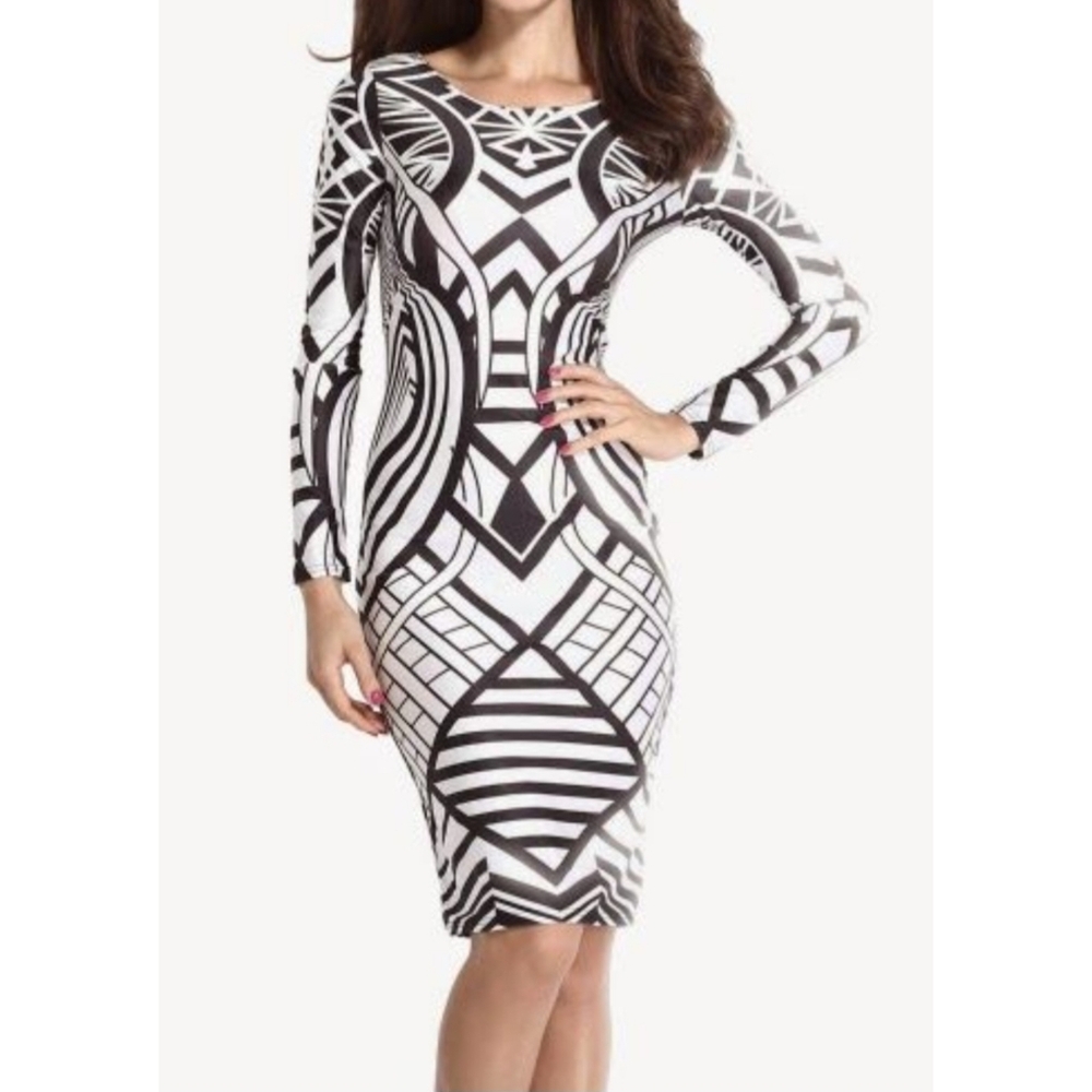 Art Deco Tribal Black and White Geometric Pattern midi bodycon long sleeve Dress